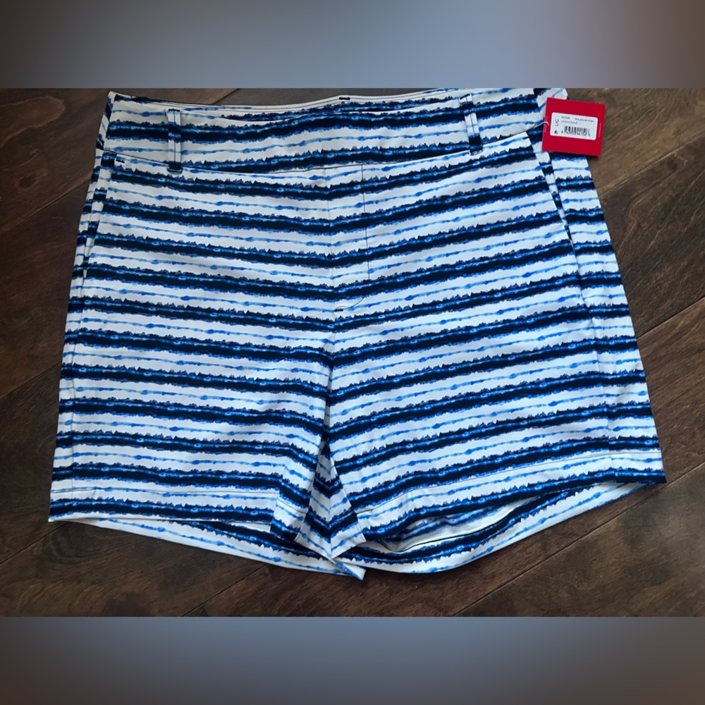 NWT Spanx Blue and White striped shorts. Front pockets. Size Large